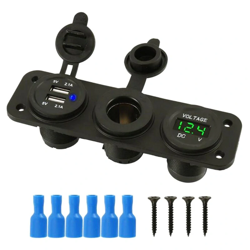 Montážny zapaľovač 12V s dvomi USB 5V portami a voltmetrom 2,1A