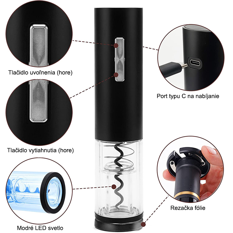 Zortung Elektrický USB otvárač na víno Black LED 20cm