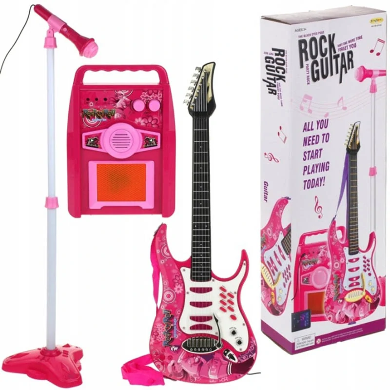 Detská elektrická gitara s mikrofónom a zosilňovačom ružová