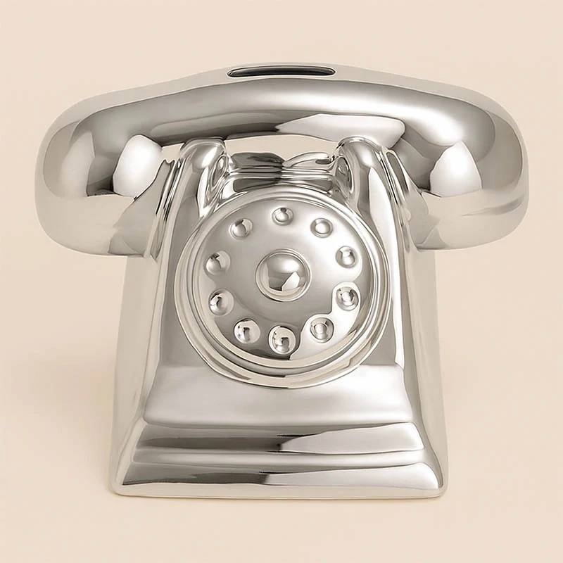 Keramická pokladnička v tvare retro telefónu – strieborná: 18 x 13 x 13 cm
