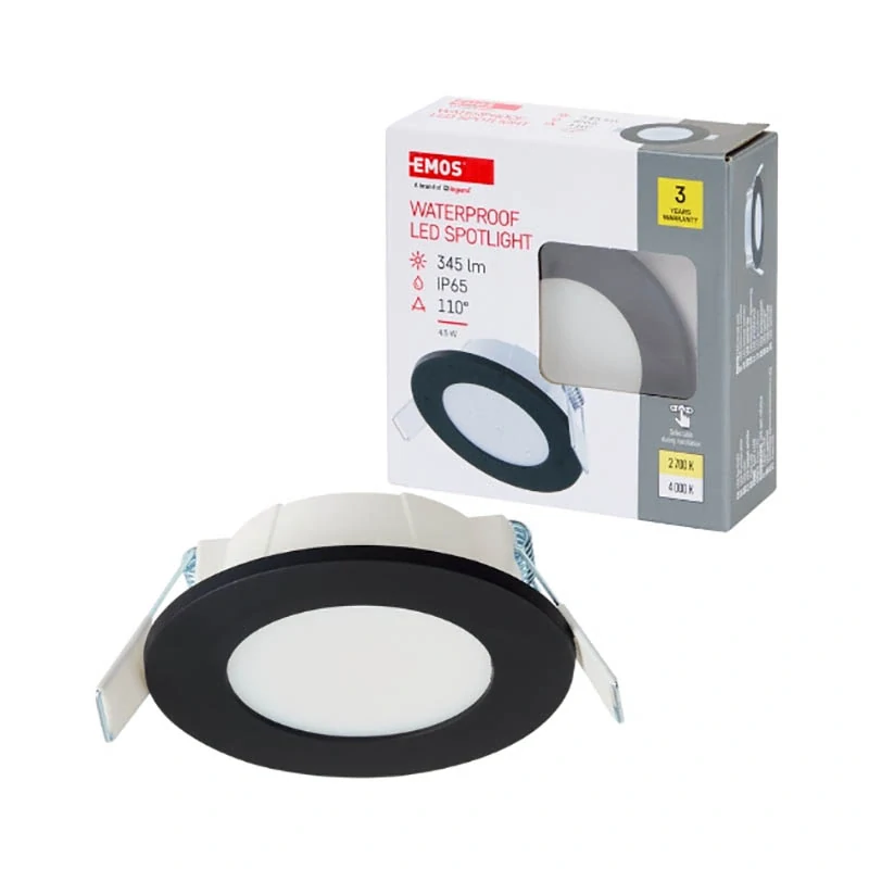 Vodotesné LED bodové svietidlo EMOS 4,5W, 345 lm, 2700K/4000K, IP65: čierne