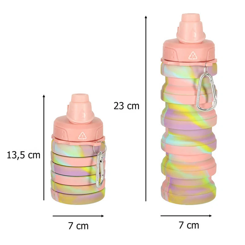 Silikónová skladacia fľaša na vodu s karabínkou 500 ml dúhová
