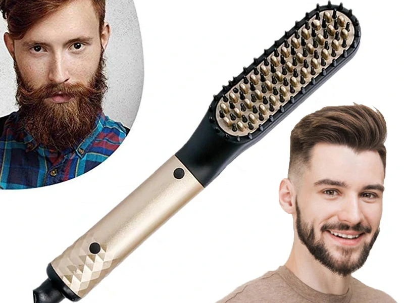 Elektrická kefa a žehlička na bradu a vlasy pre mužov zlatá