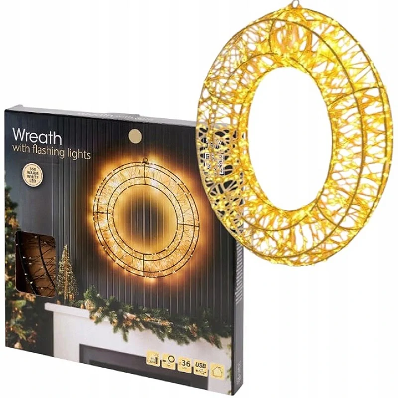 LED svietiaci vianočný veniec 36 cm – 360 LED, teplá biela, USB