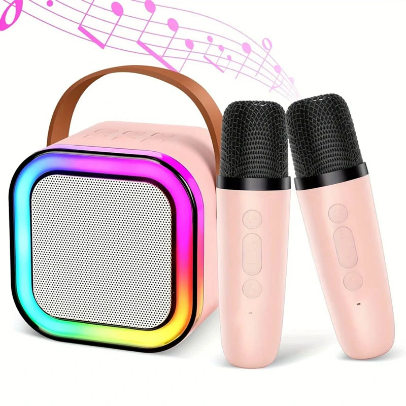 Prenosný karaoke set s Bluetooth reproduktorom a 2 mikrofónmi ružový