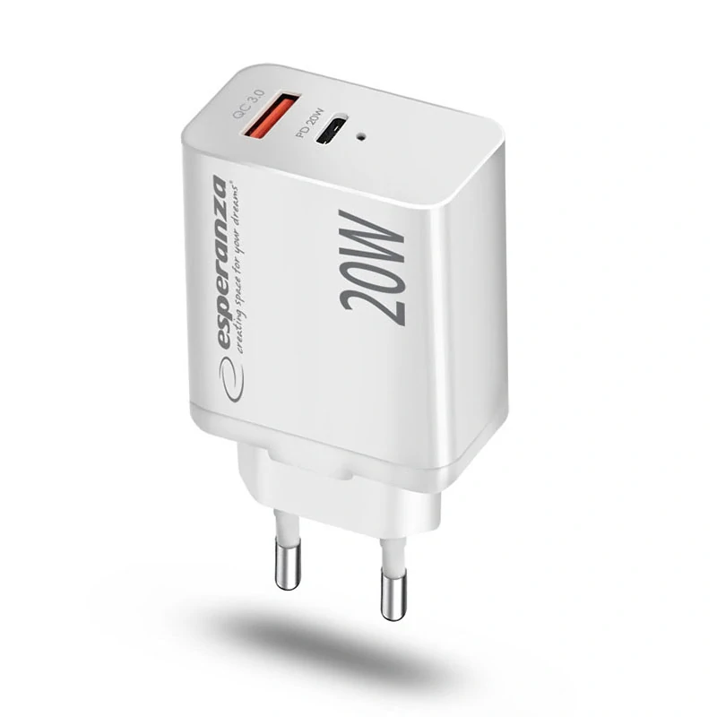 Sieťová nabíjačka 20 W Esperanza USB-C PD a USB-A QC 3.0 biela