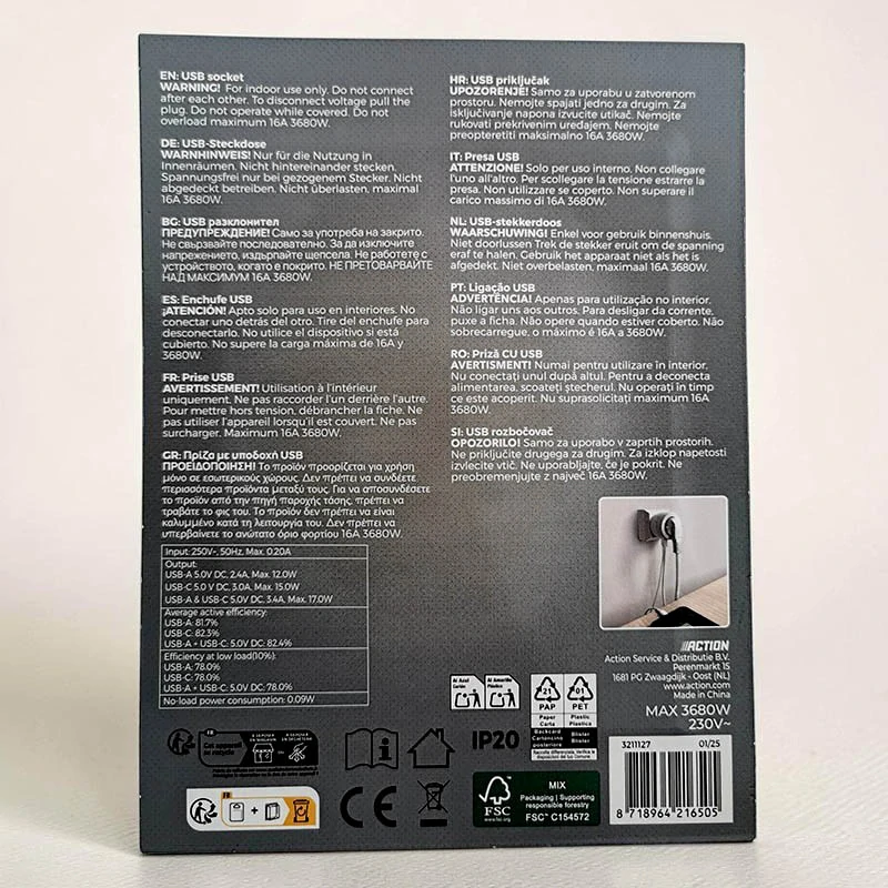 Zásuvkový adaptér Pro-Max s USB-A a USB-C, 16 A / 3680 W