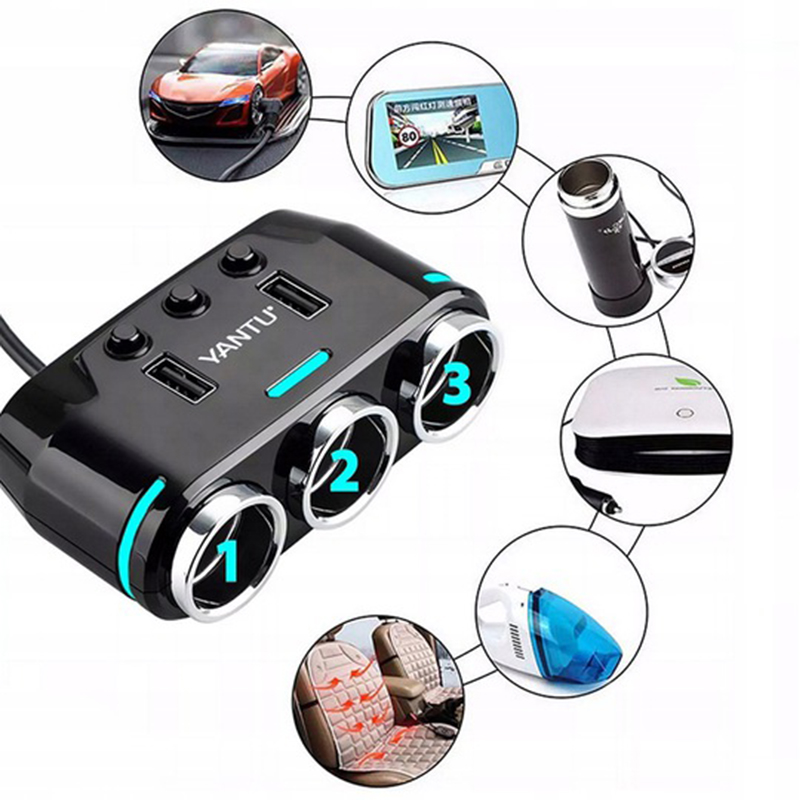 Yantu Rozdeľovač autozásuvky 12V 3x + 2xUSB + voltmeter