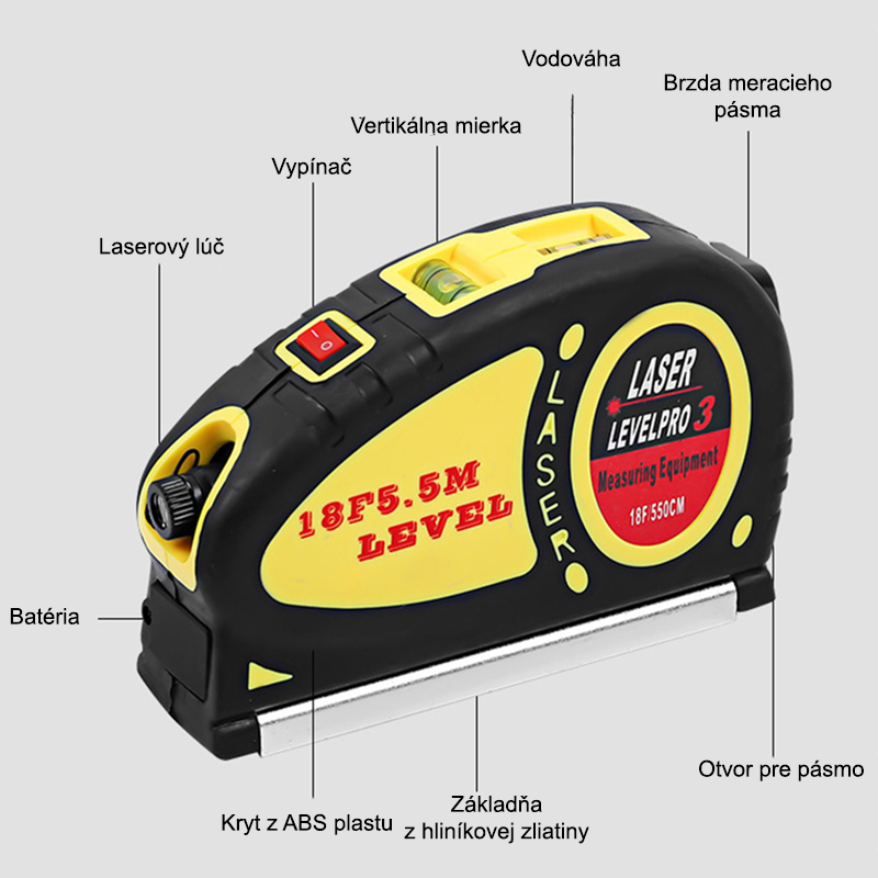 Laser Level Pro 3 s vodováhou a metrom 5,5m