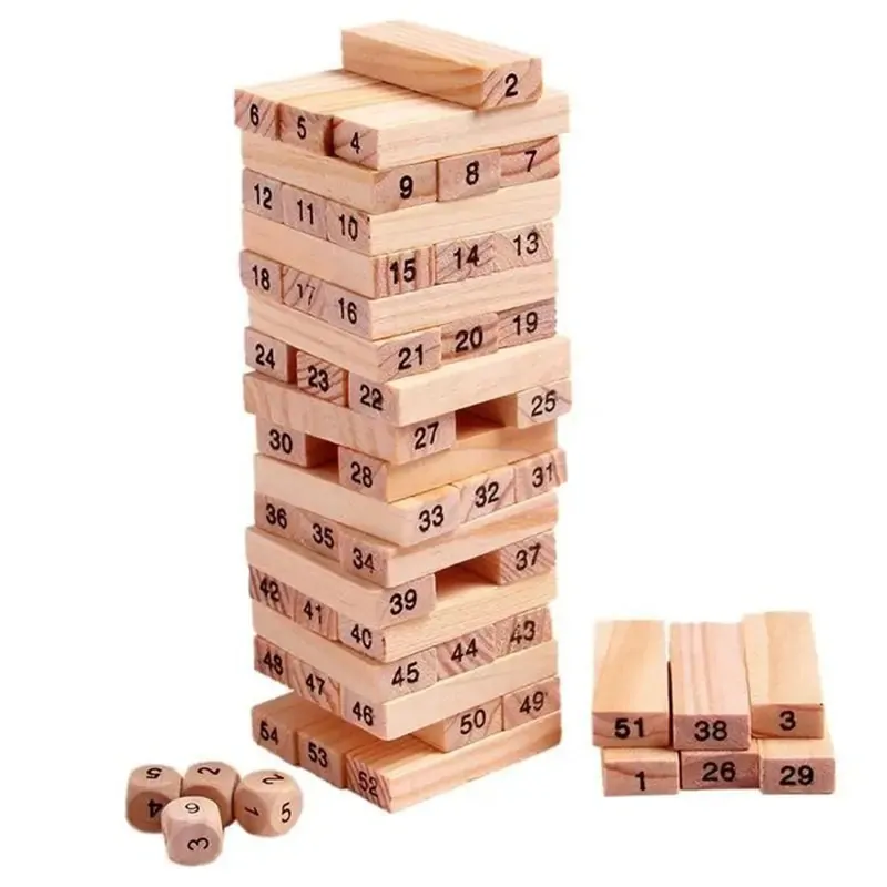 Rodinná hra Jenga drevená 54ks + hracie kocky