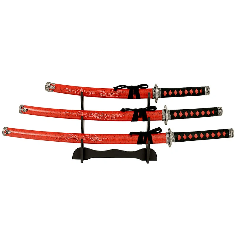 Dekoračná sada 3 japonských mečov katana s červeným puzdrom a stojanom