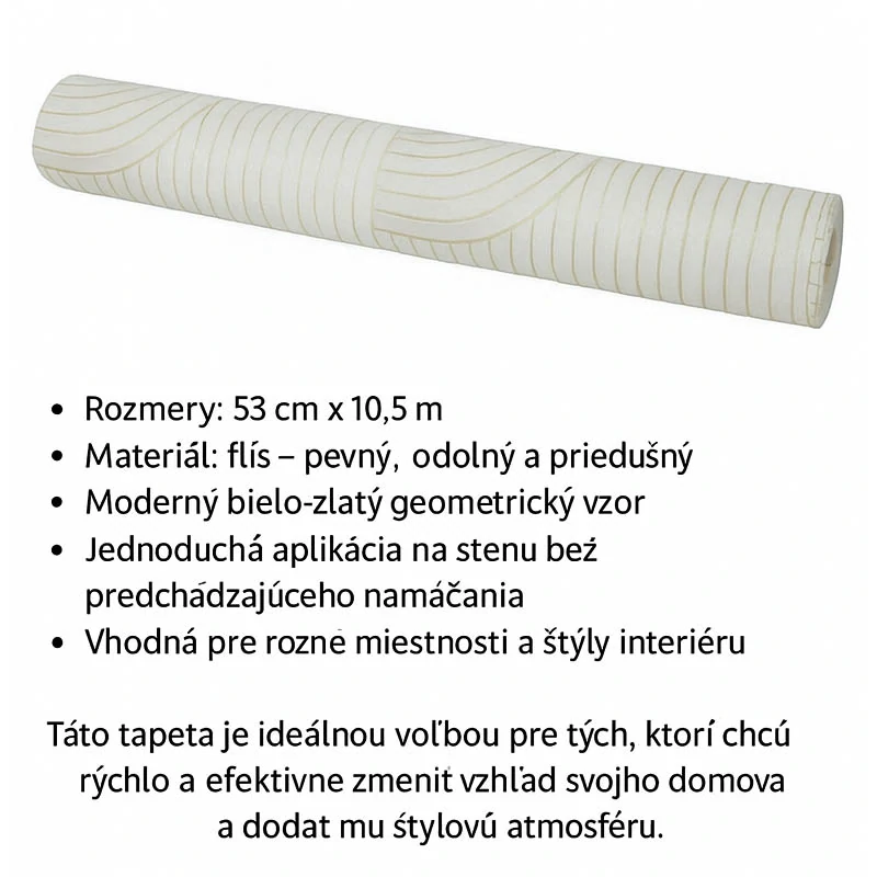 Moderná flísová tapeta – bielo-zlatý geometrický vzor, 53 cm x 10,5 m
