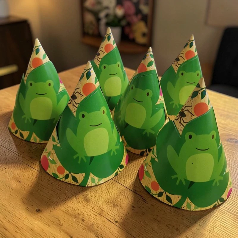 Party klobúky Žabka 18 × 12 cm – zeleno-žltý motív, balenie 6 ks