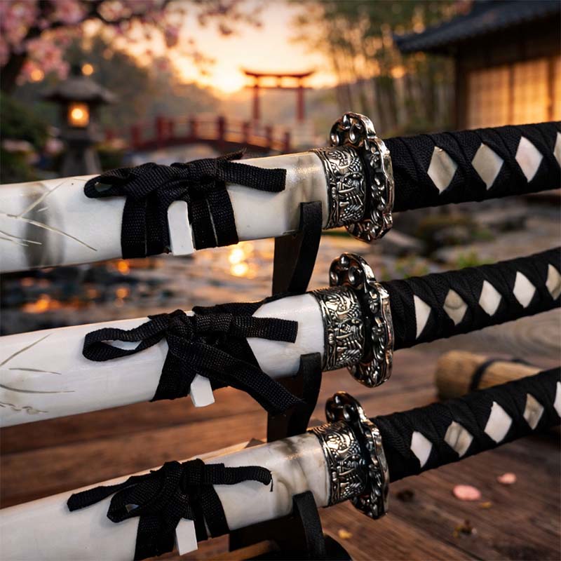 Dekoračná sada 3 japonských mečov katana s bielym puzdrom a stojanom