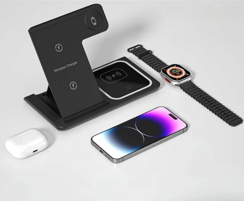 Bezdrôtová nabíjačka 15W 3v1 na mobil, hodinky a slúchadlá čierna