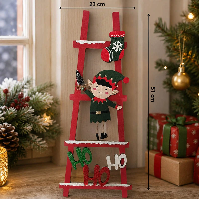Drevená vianočná dekorácia HO HO HO s elfom