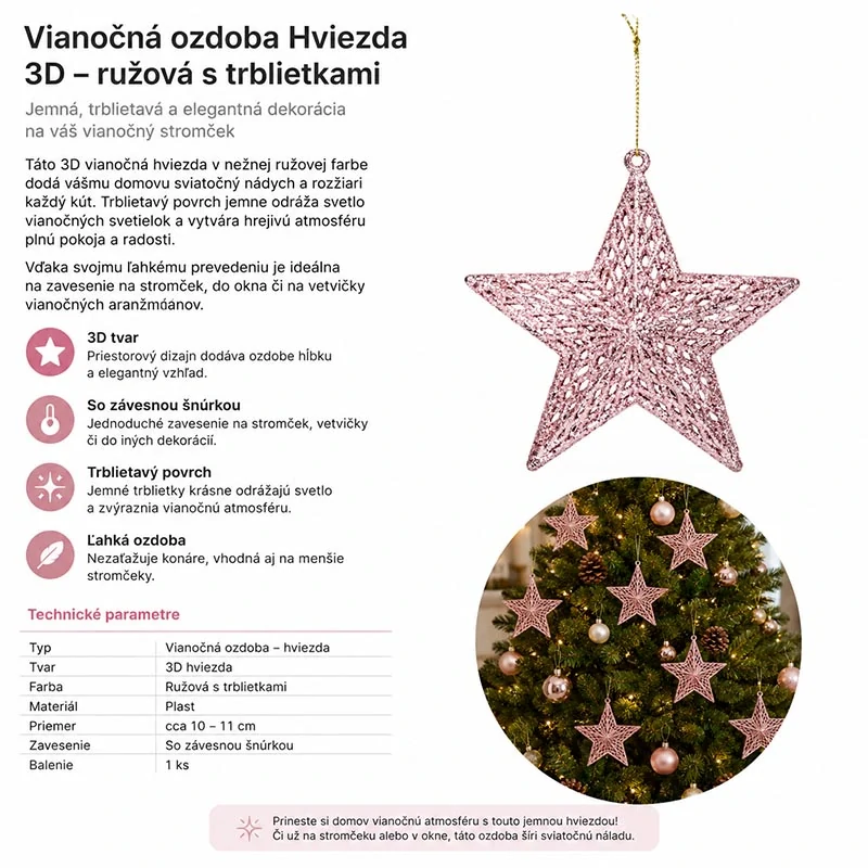 Vianočná závesná 3D hviezda ružová s trblietkami