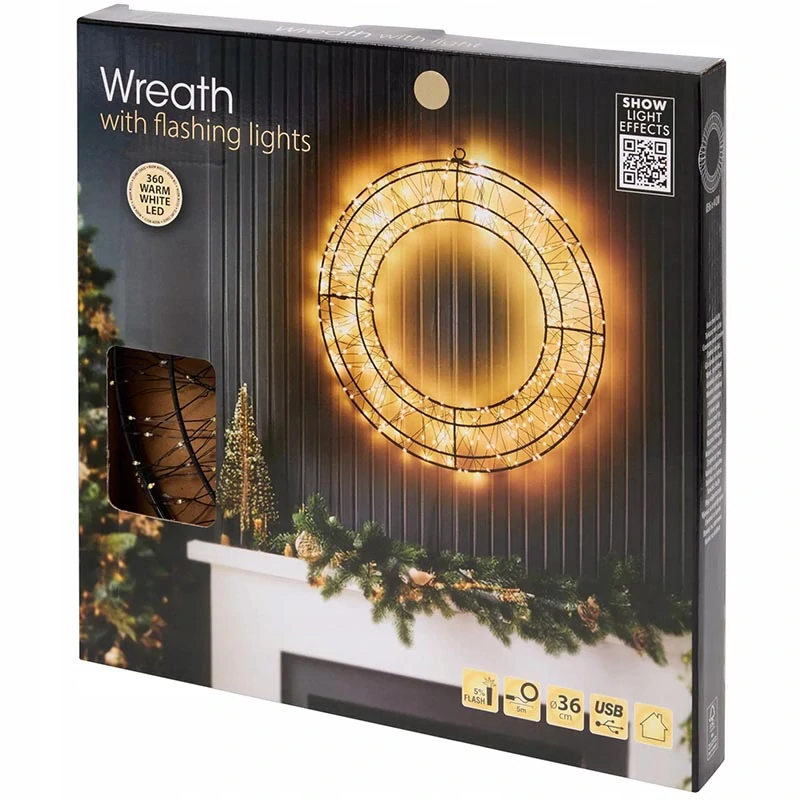 LED svietiaci vianočný veniec 36 cm – 360 LED, teplá biela, USB