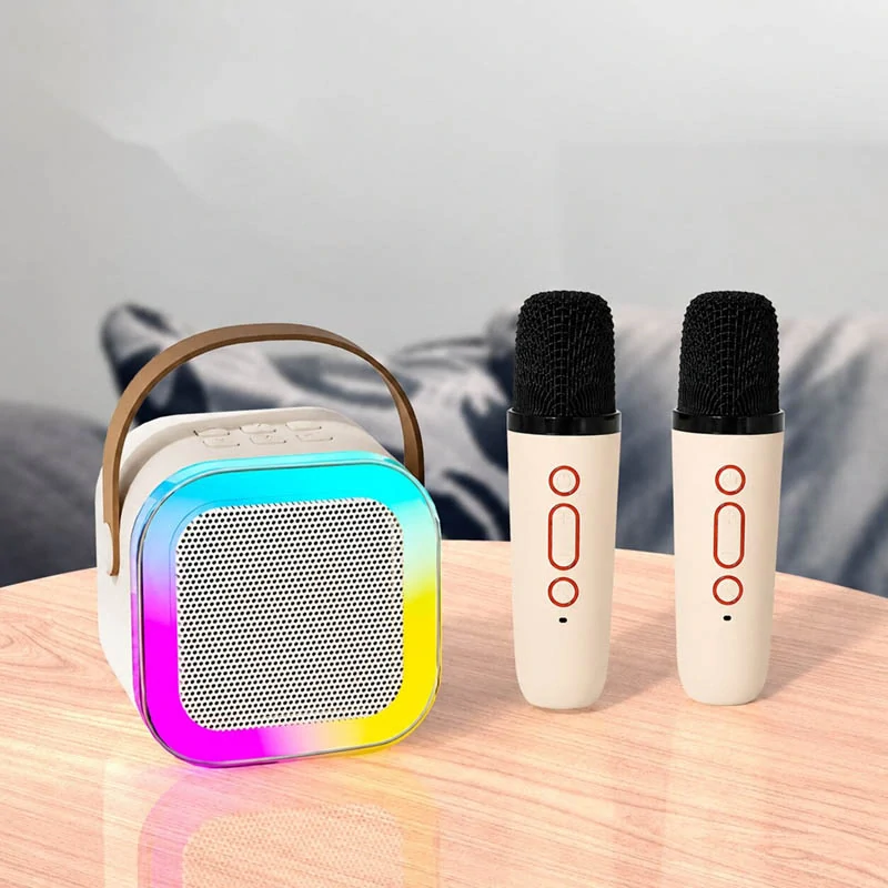Prenosný karaoke set s Bluetooth reproduktorom a 2 mikrofónmi biely