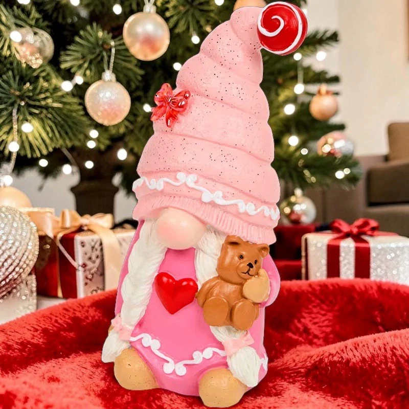 Vianočný LED škriatok s medvedíkom ružový 21,8 cm