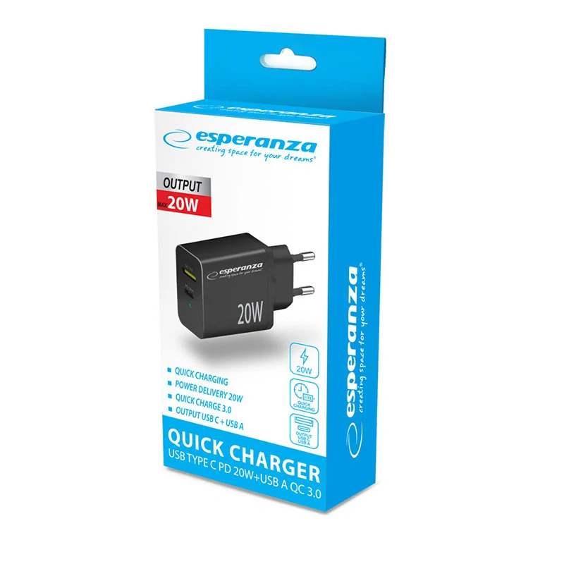 Sieťová nabíjačka 20 W Esperanza USB-C PD a USB-A QC 3.0 čierna