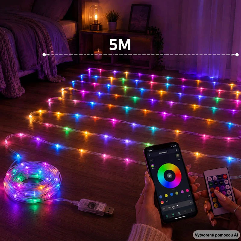 RGB LED svetelná reťaz 5 m USB s diaľkovým ovládaním, aplikáciou a Music Sync