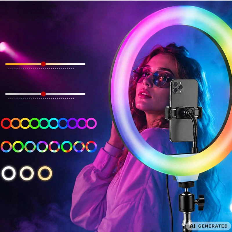 RGB LED kruhová lampa 34 cm s držiakom na telefón a USB napájaním