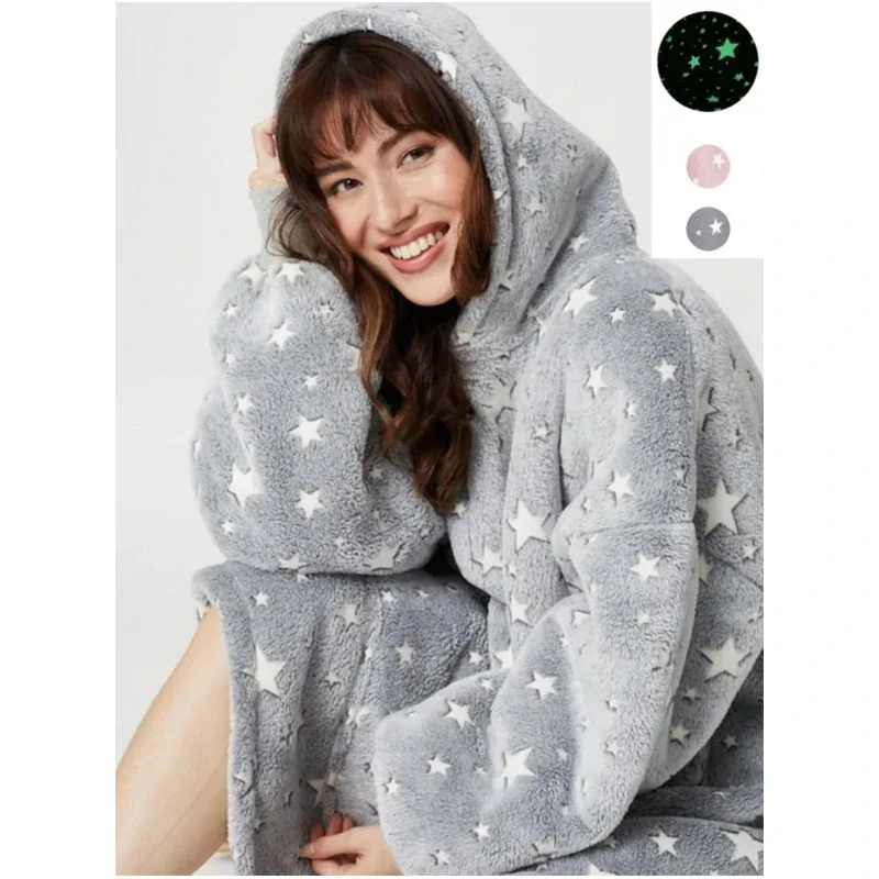 Teplá bunda Oversize unisex sivá s hviezdami svietiaca
