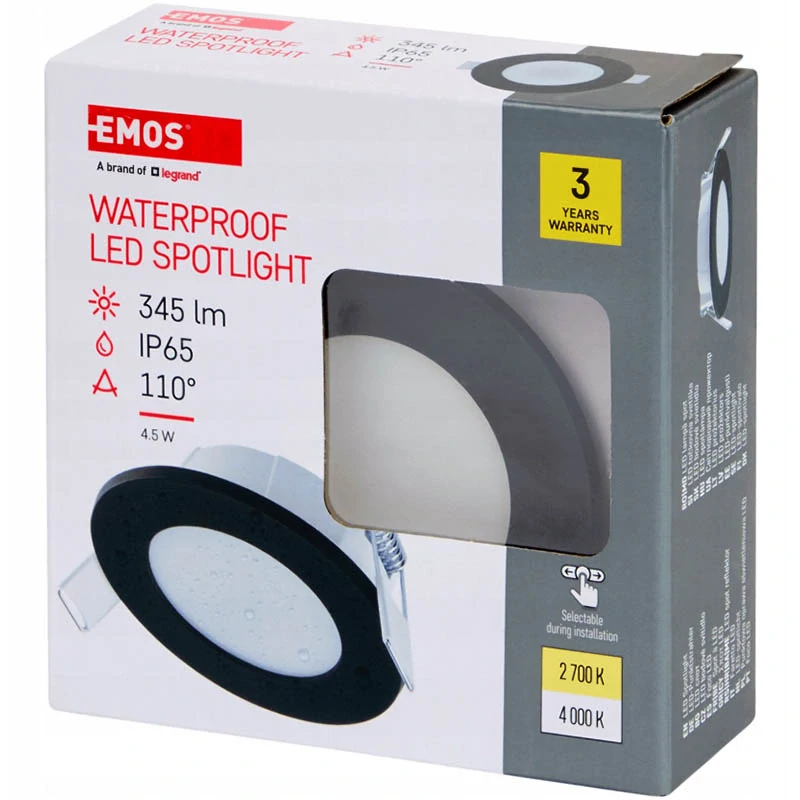 Vodotesné LED bodové svietidlo EMOS 4,5W, 345 lm, 2700K/4000K, IP65: čierne