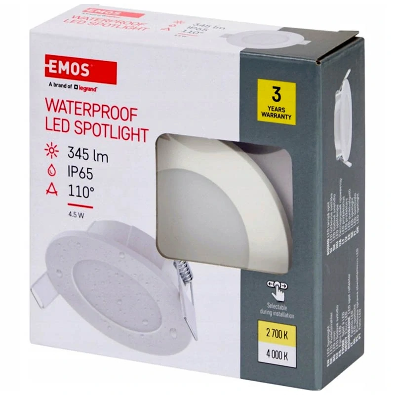 Vodotesné LED bodové svietidlo EMOS 4,5W, 345 lm, 2700K/4000K, IP65: čierne