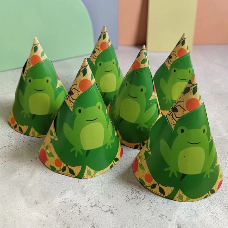 Party klobúky Žabka 18 × 12 cm – zeleno-žltý motív, balenie 6 ks