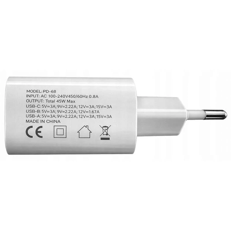 Rýchla sieťová nabíjačka 45W USB-A + USB-C + Lightning