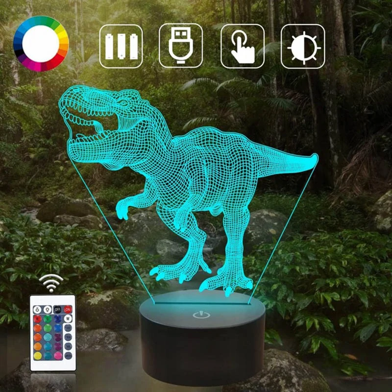 Nočná lampička pre deti Dinosaurus LED 3D RGB s diaľkovým ovládaním