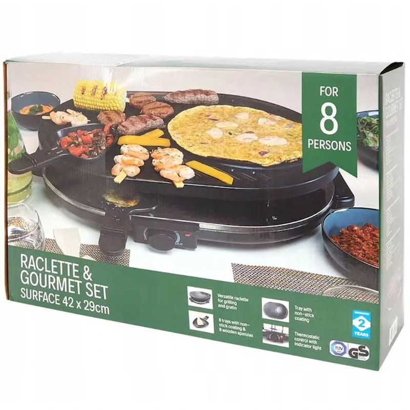 Raclette gril pre 8 osôb s panvičkami – stolné grilovanie a zapekanie