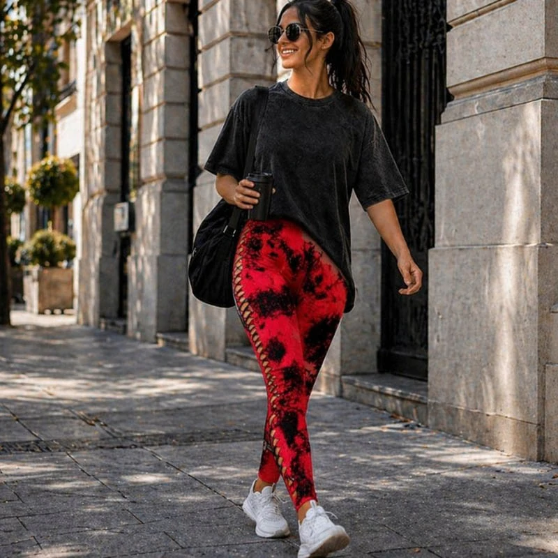 Dámske legíny push up mramorový vzor S/M červené