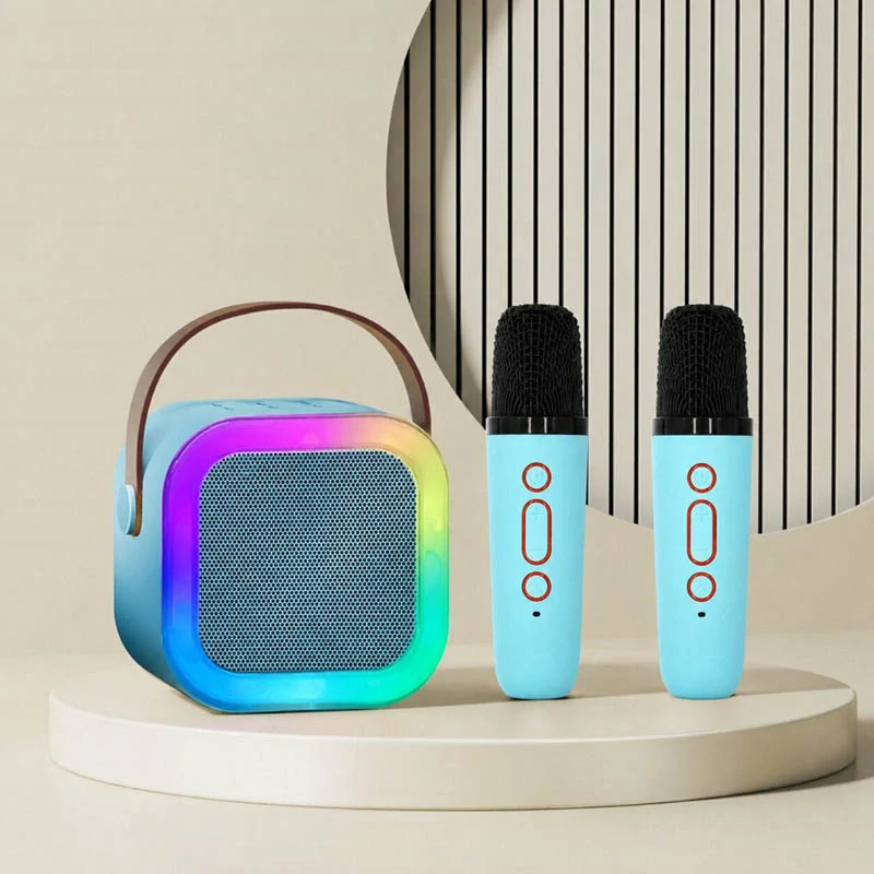 Prenosný karaoke set s Bluetooth reproduktorom a 2 mikrofónmi modrý