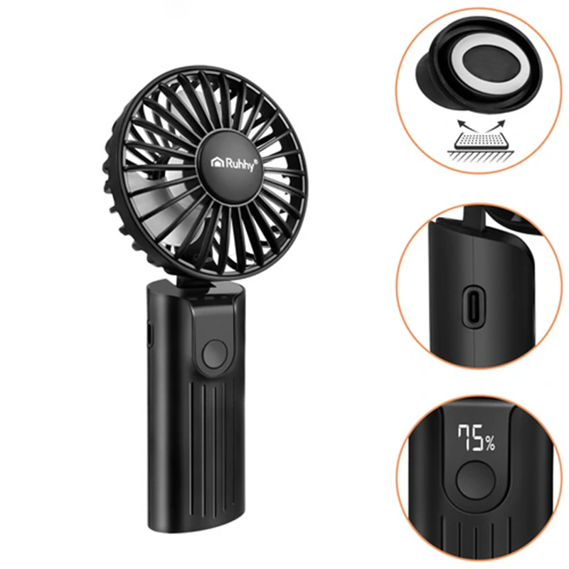 Mini ručný ventilátor čierny s USB-C nabíjaním