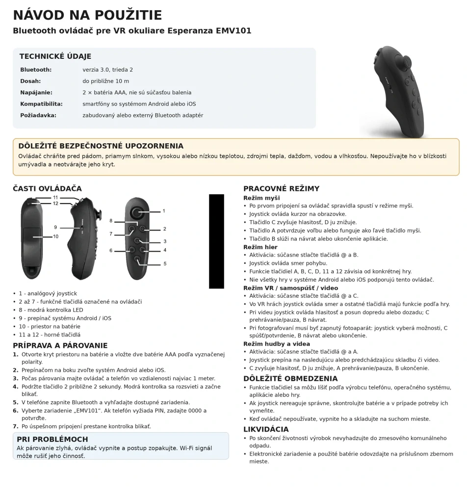 Bluetooth ovládač pre smartfón a VR okuliare