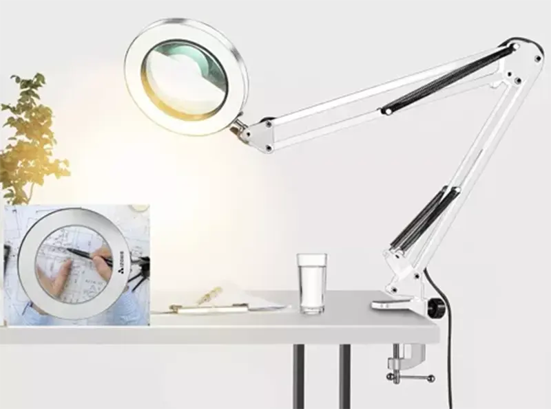 Stolná lupa s LED lampou a flexibilným ramenom biela