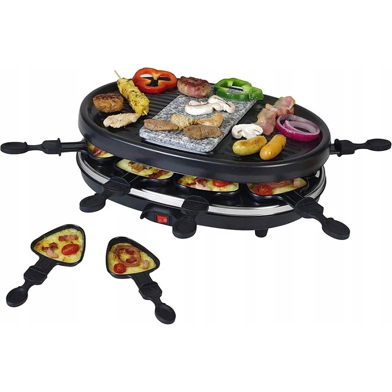 Raclette gril pre 8 osôb s panvičkami – stolné grilovanie a zapekanie