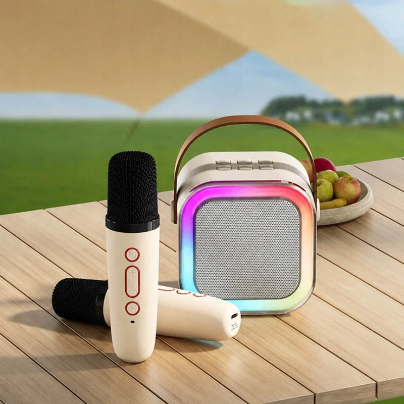 Prenosný karaoke set s Bluetooth reproduktorom a 2 mikrofónmi biely