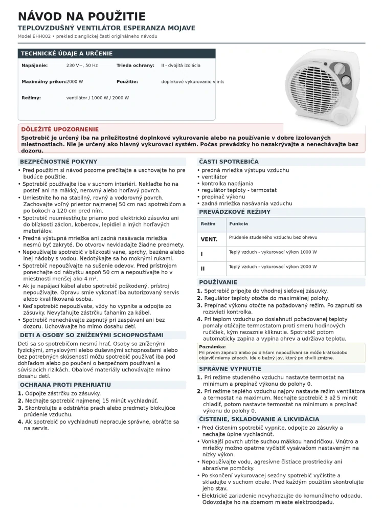 Teplovzdušný ventilátor Esperanza Mojave 1000/2000 W