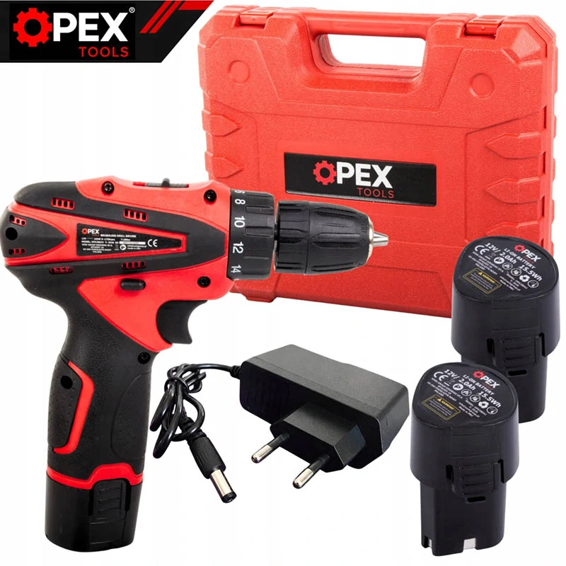 Aku vŕtačka a skrutkovač Opex 12 V s 2 batériami, príslušenstvom a kufríkom