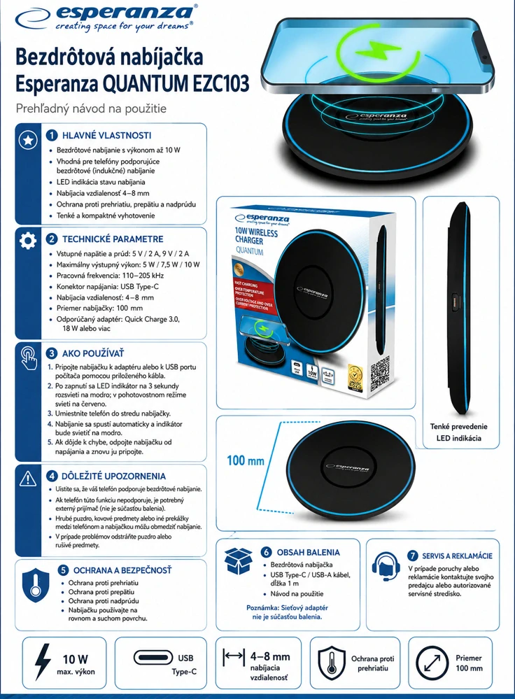 Bezdrôtová nabíjačka Esperanza QUANTUM 10 W