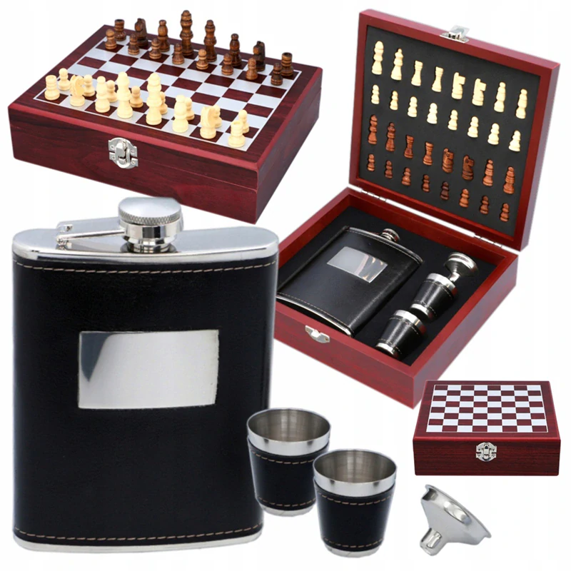 Ploskačka 240ml s pohárikmi a lievikom v darčekovej kazete Chess