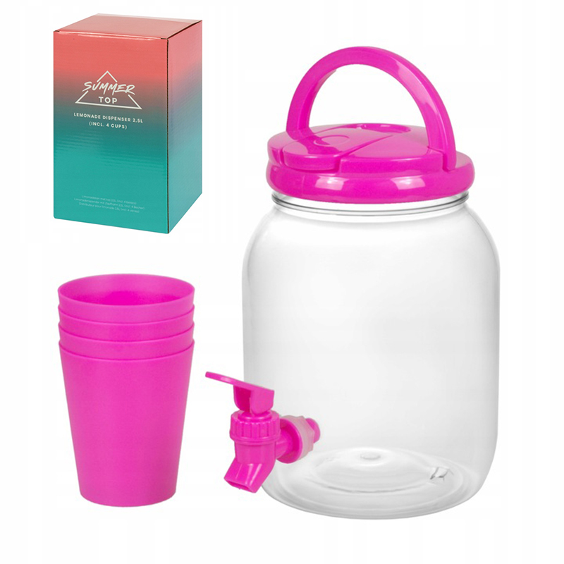 Nádoba na nápoje s kohútikom 2,5L + 4 poháre ružová
