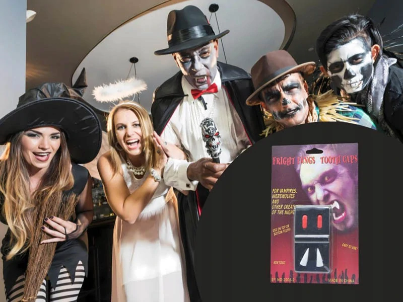 Halloweenska dekorácia Zuby upíra/vlkodlaka s umelou krvou