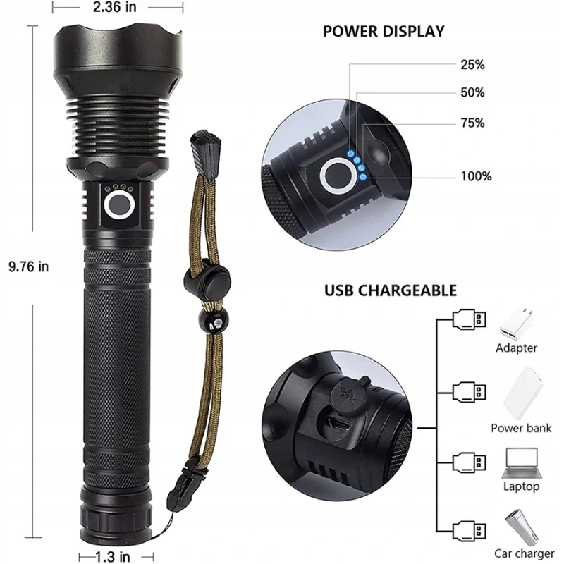 Výkonná LED baterka P90 s nabíjaním cez USB a funkciou zoom