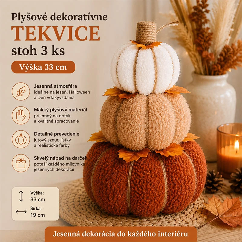 Plyšové dekoratívne tekvice – stoh 3 ks, 33 cm