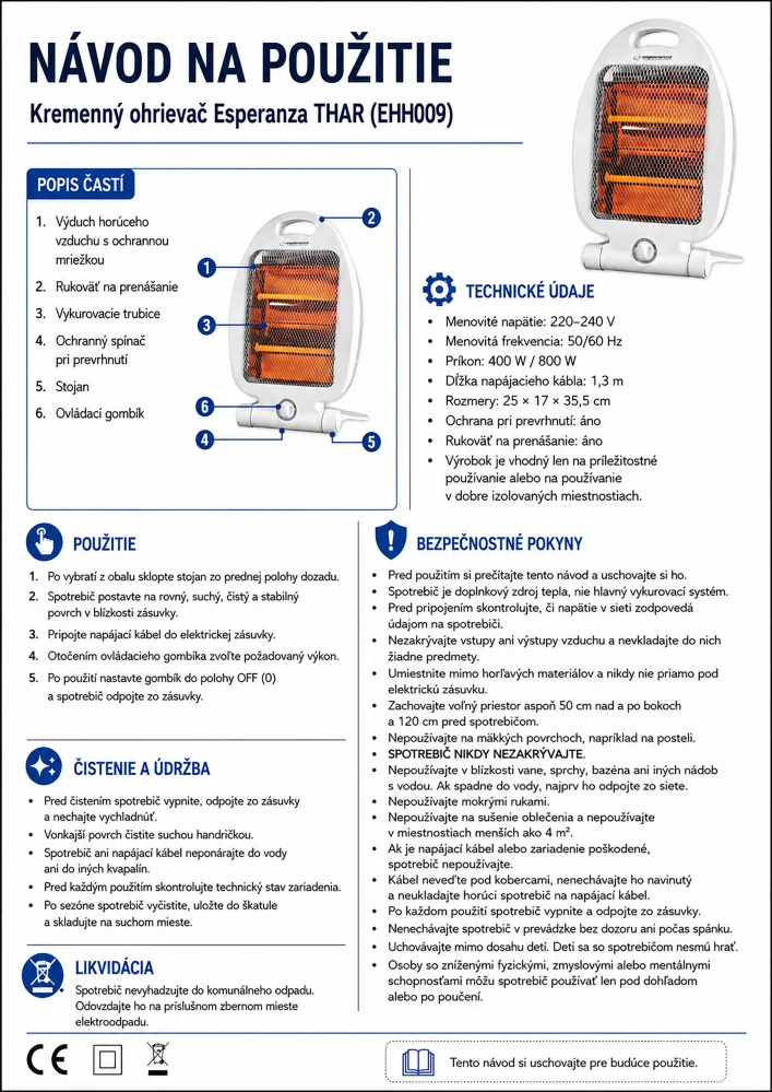 Kremičitý ohrievač Esperanza THAR 400/800 W